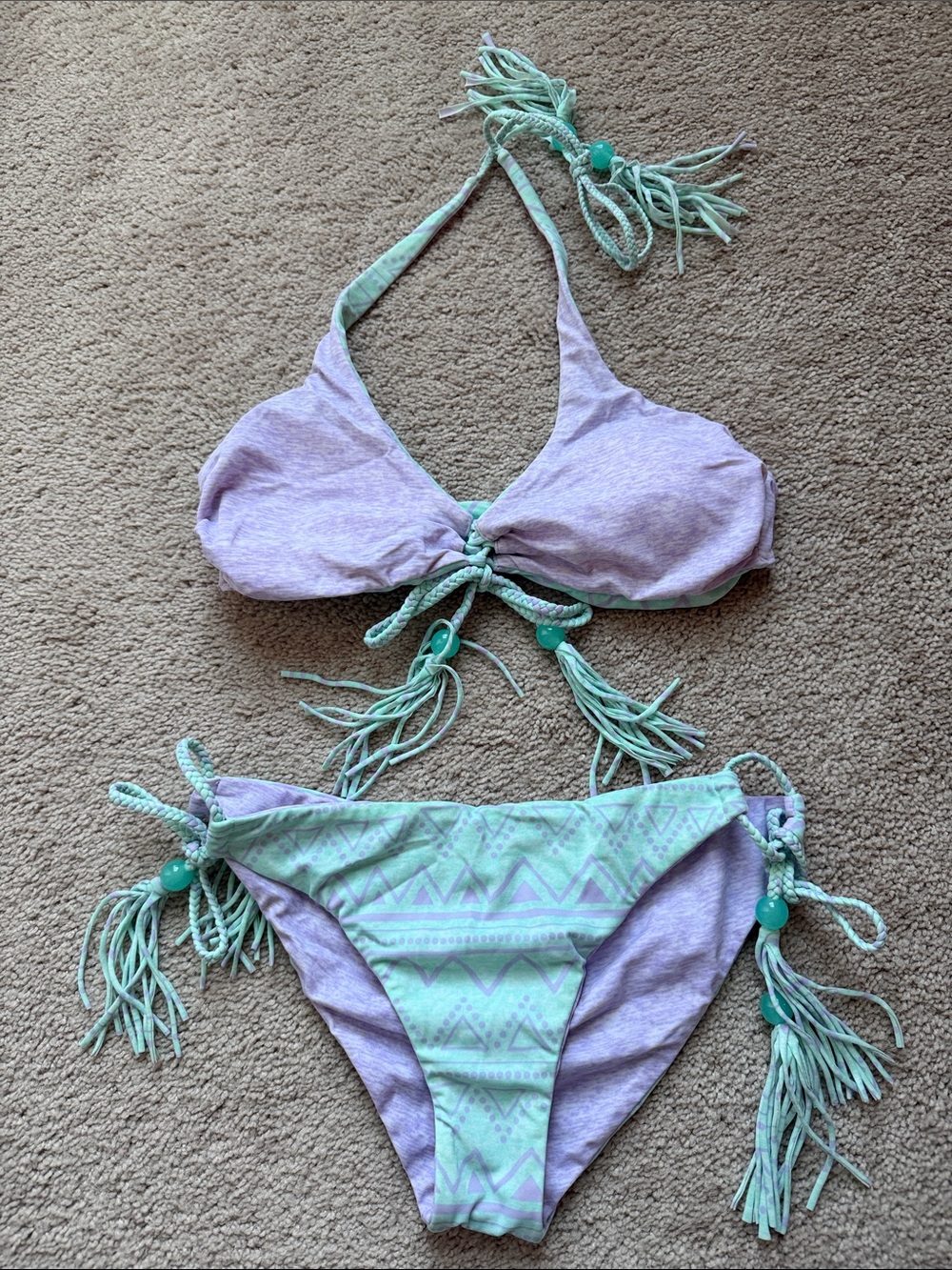 Victoria's Secret Reversible Blue/Lilac Halter Bikini with Blue Tassels - Picture 2 of 10